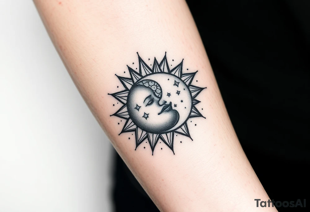 celestial sun and moon embrace with constellation patterns tattoo idea