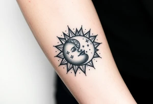 celestial sun and moon embrace with constellation patterns tattoo idea