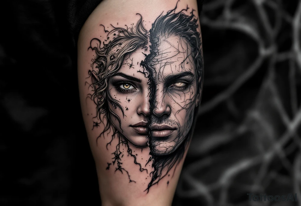 2 different worlds on each side of a black hold tattoo idea