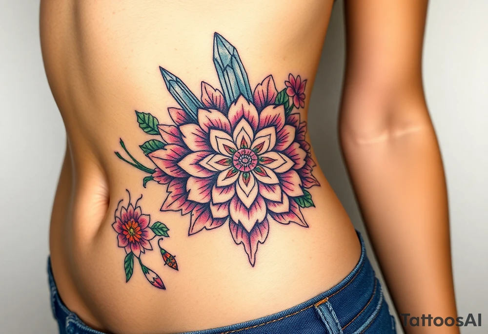 psychedelic  tattoo with crystals and  mandala style flowers and mushrooms bugs tattoo idea
