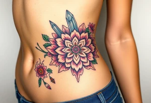 psychedelic  tattoo with crystals and  mandala style flowers and mushrooms bugs tattoo idea