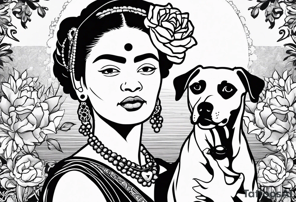 Frida khalo smoking a hookah while carrying a puppy dog tattoo idea