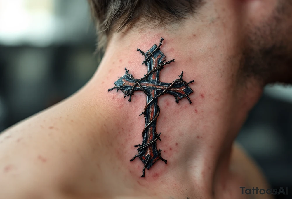 Barbed Wire Cross – A rusty metallic cross wrapped in barbed wire, designed in shades of steel gray and dark red, symbolizing sacrifice and strength. tattoo idea