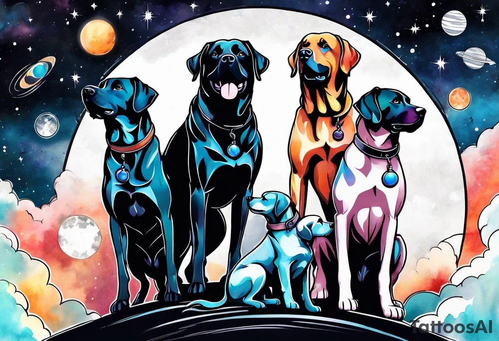 A person and 3 dogs looking up at space tattoo idea