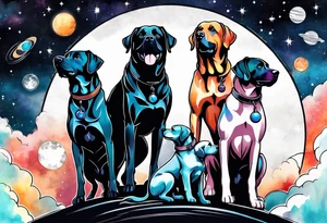 A person and 3 dogs looking up at space tattoo idea