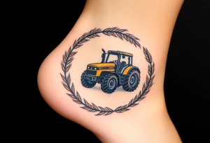 A tractor framed by a circular wreath of wheat and corn stalks, representing abundance and harvest. tattoo idea