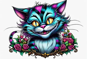 the whole body of the cheshire cat with head turned upside down, show legs and tail tattoo idea