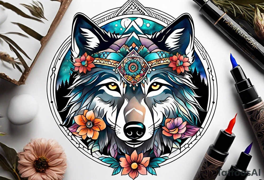 A whimsical wolf tattoo featuring mandala or dream catcher elements, with the wolf as the central focus. Show the wolves whole body standing surrounded by mountains in the background. Include flowers and nature elements to fill the space around the wolf. Some color but not completely solid bold color tattoo idea