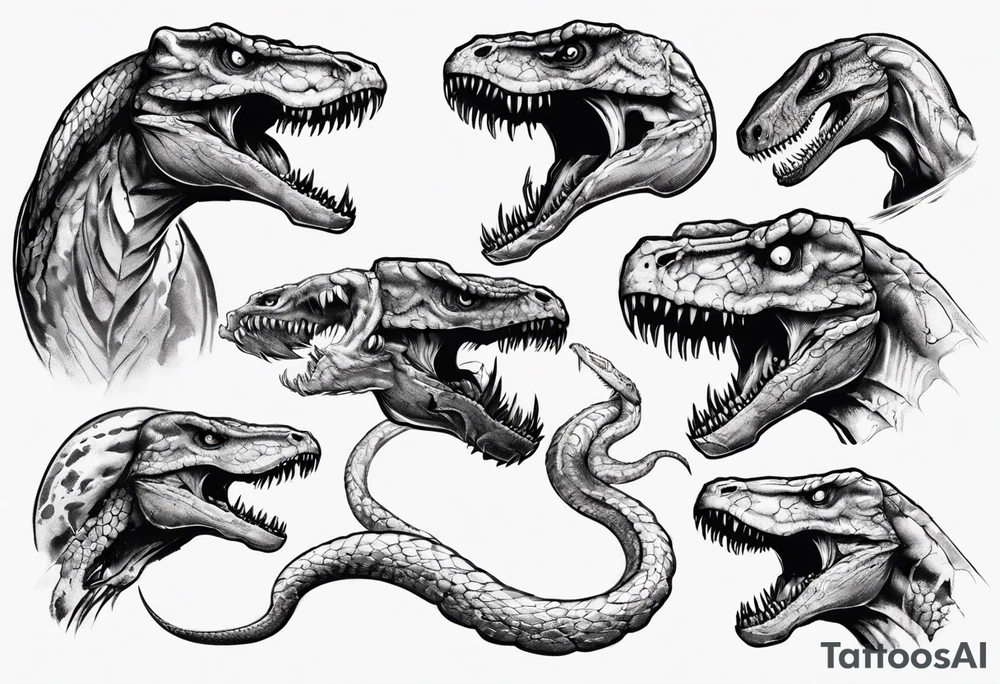 Huge prehistoric snake fighting T rex tattoo idea