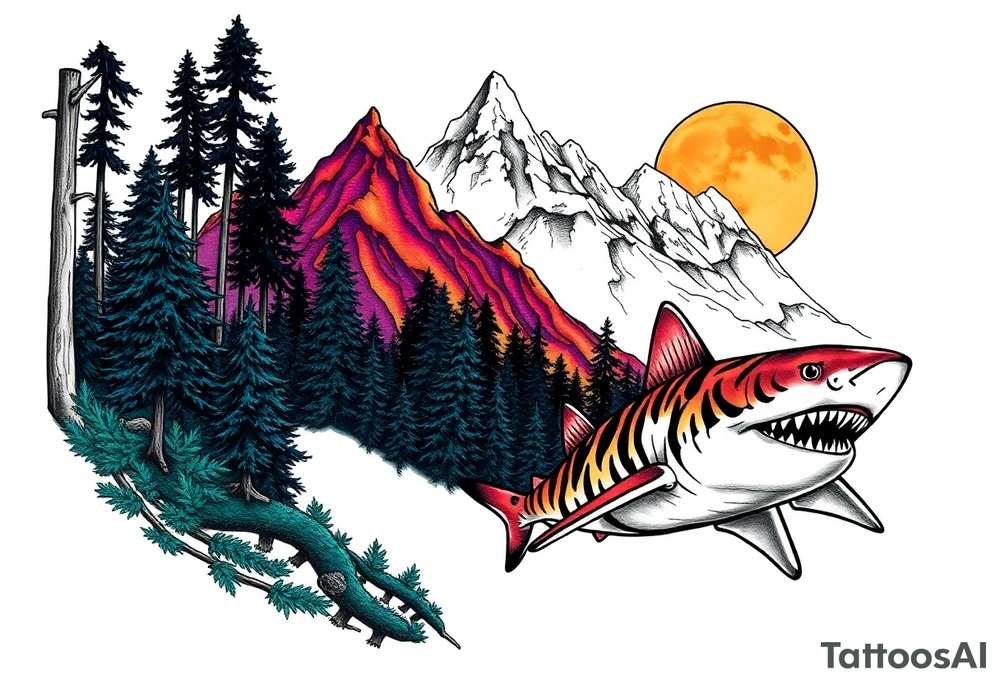 forest mountains and tiger sharks, tattoo idea