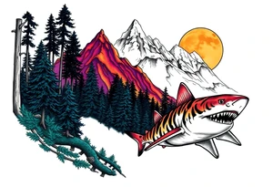 forest mountains and tiger sharks, tattoo idea