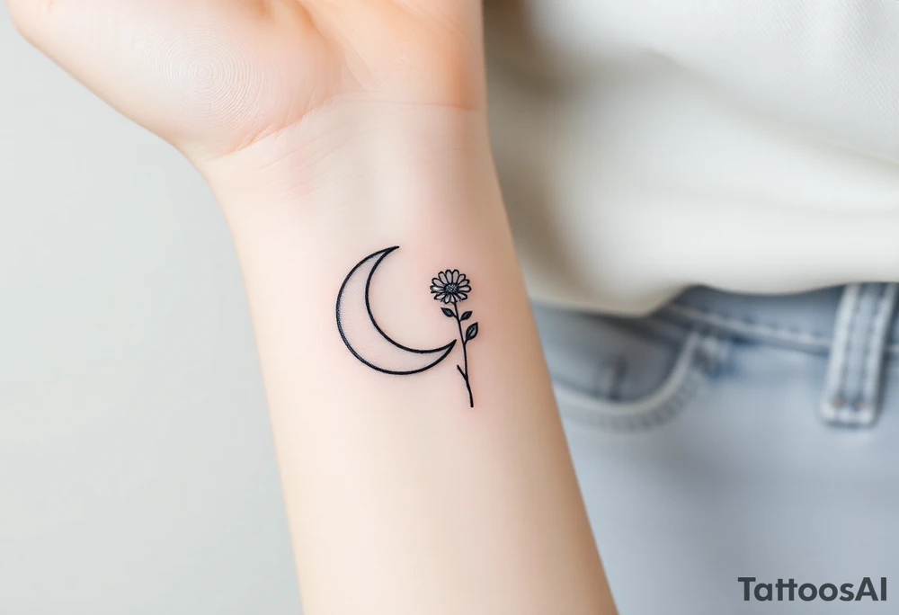 Small black and white tattoo waxing creaxent moon with small Daisy birth flower and tiny leo gliph tattoo idea
