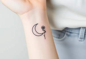 Small black and white tattoo waxing creaxent moon with small Daisy birth flower and tiny leo gliph tattoo idea
