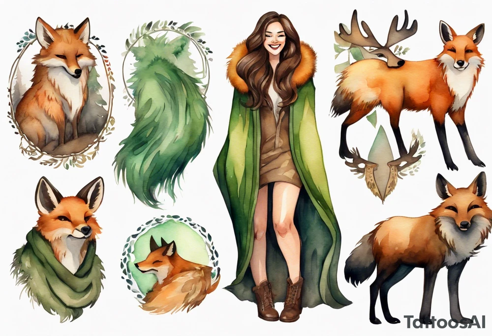a watercolor of a curvy woman with long brown hair and light brown skin and green eyes wearing a fur cloak laughing standing next to a fox and moose tattoo idea