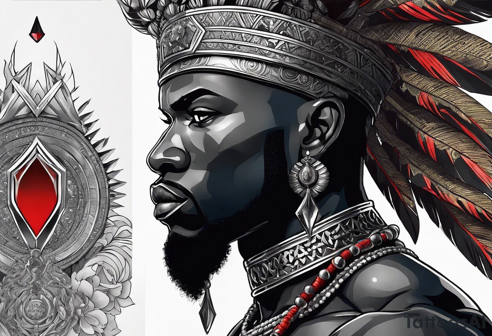 An african god, a bald black-skinned warrior, that uses a sword and a silver crown. He also uses blue and red necklaces tattoo idea