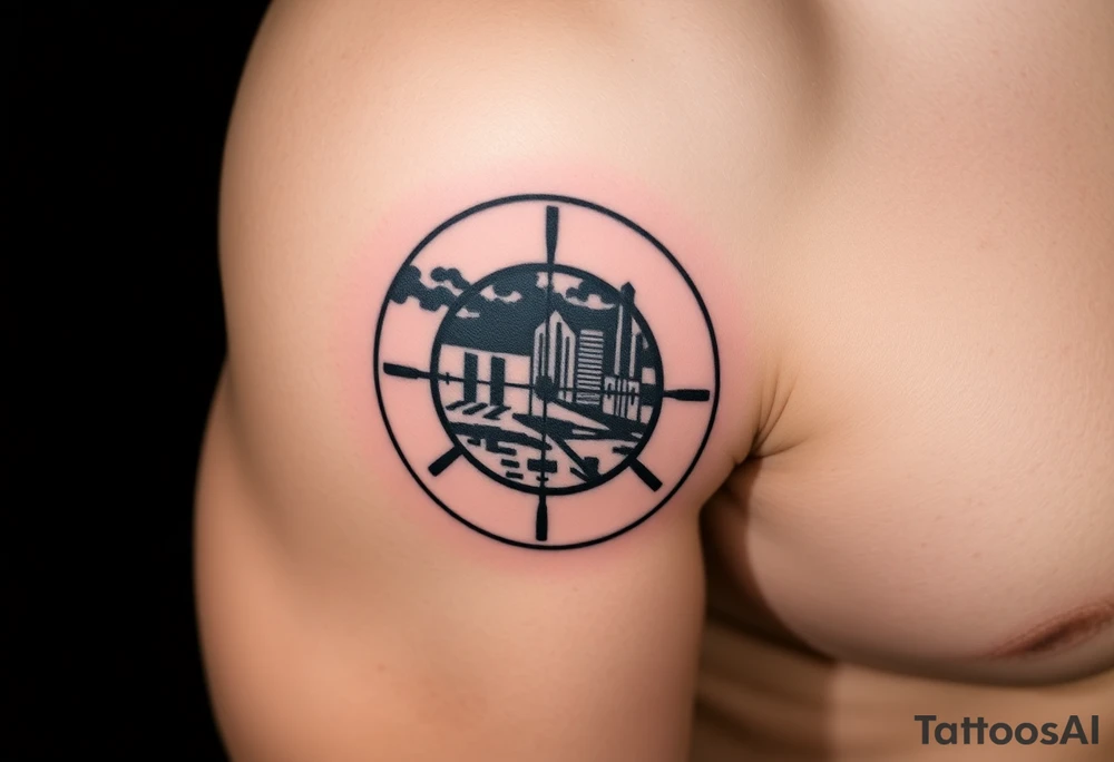 scope crosshairs with eerie Los Angeles city horizon in background tattoo idea