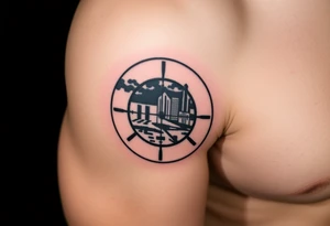 scope crosshairs with eerie Los Angeles city horizon in background tattoo idea