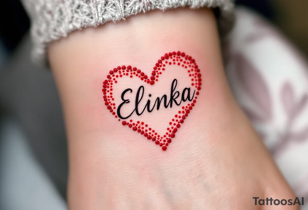 A delicate red heart with the name Elinka written in flowing script across the center. tattoo idea