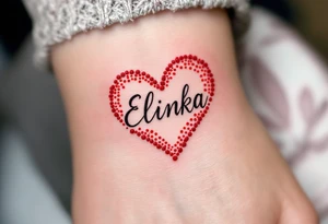 A delicate red heart with the name Elinka written in flowing script across the center. tattoo idea