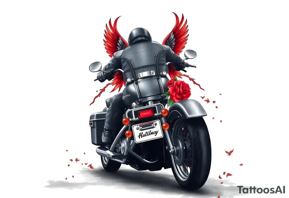 Harley grey motorcycle driving away, two red birds flying, roses, flames, angel wings tattoo idea