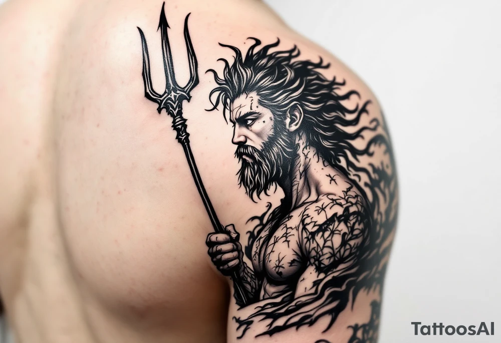 young poseidon, with trident, looking at the horizon tattoo idea