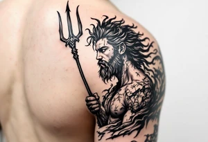 young poseidon, with trident, looking at the horizon tattoo idea