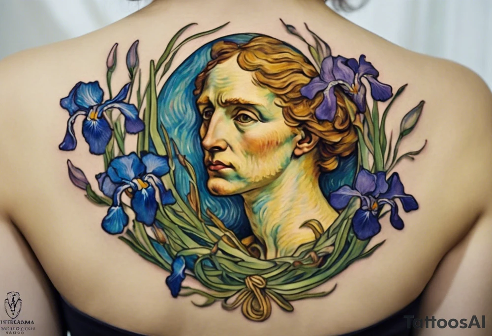 Create a colorful Vincent van Gogh Irises tattoo with a ancient greek female statue in the middle. The tattoo should take the form of a crescent, with vines gracefully intertwining at a central point in the middle of the wreath.  The intended placement is on the upper chest. The overall design should be small in size while maintaining a delicate and artistic aesthetic. Pay attention to the graceful flow of the vines and the placement of the irises to achieve a refined and elegant look. tattoo idea