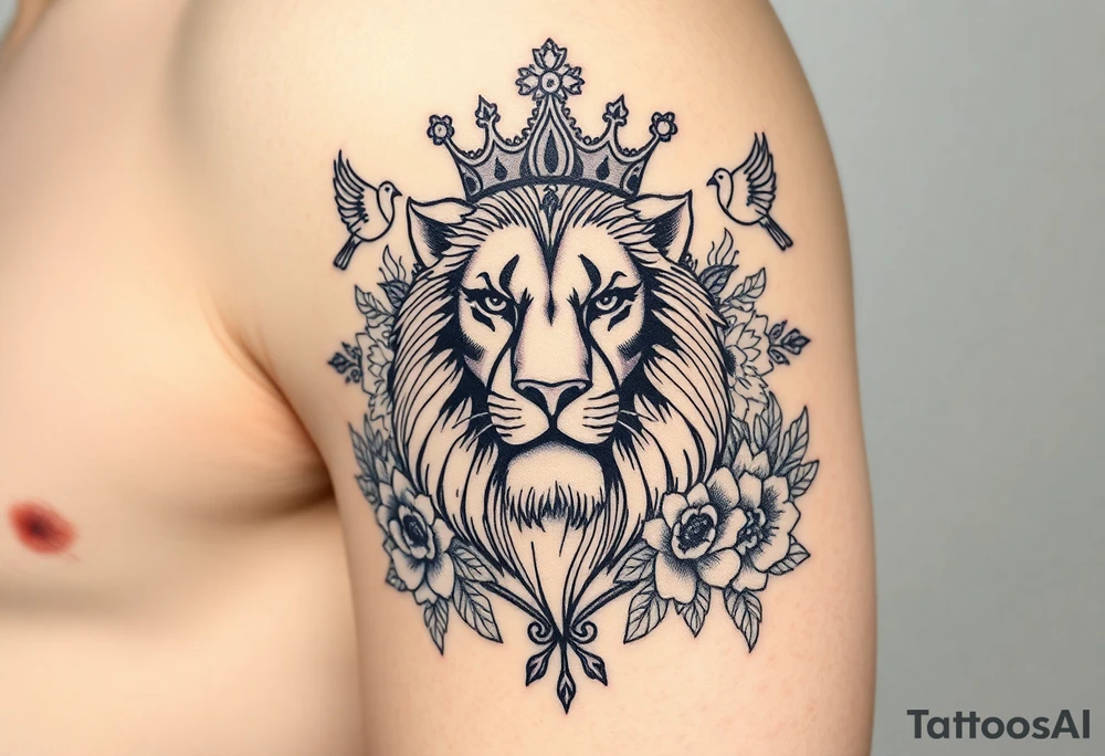 powerful majestic lion with a crown, surrounded by floral ornaments and birds tattoo idea
