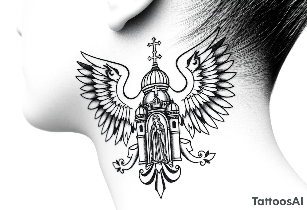 russian coat of arms double headed eagle traditional christian orthodox cross with a virgin mary stood in the entrance of a russian orthodox dome church on the side of the neck in a wilderness setting tattoo idea