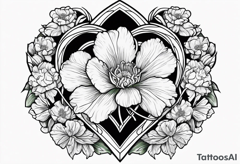 Irish Celtic symbol of love wedding ring with an Emrald green gem in the middle of the heart with a bundle of carnations, leaves, and narcissus coming out of the hands. Simple tattoo idea