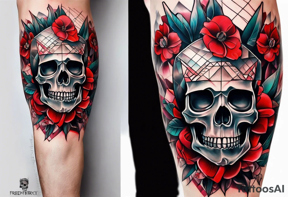 Skull Knee tattoo with flowers and geometric shapes tints of red tattoo idea