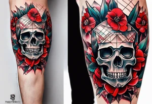 Skull Knee tattoo with flowers and geometric shapes tints of red tattoo idea