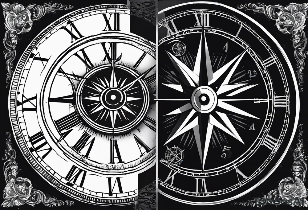 draw me a tattoo with an old clock and a compass rose. shadows of roman numerals are in the background. it is a tattoo located on the left shoulder of a man. it is black and white. tattoo idea