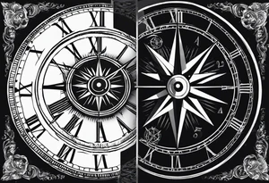 draw me a tattoo with an old clock and a compass rose. shadows of roman numerals are in the background. it is a tattoo located on the left shoulder of a man. it is black and white. tattoo idea