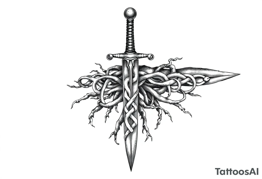 Armband tattoo of a sword with covered in a Celtic knot roots tattoo idea