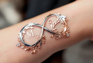 A metallic infinity symbol with engraved initials, reflecting chrome silver and rose gold, emphasizing an unbreakable bond. tattoo idea