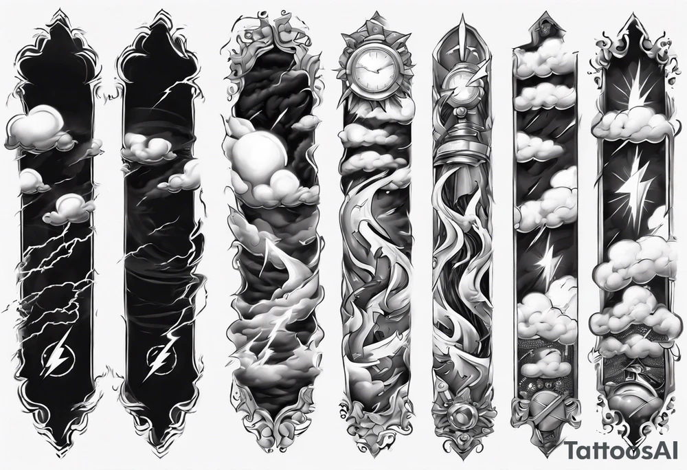 forearm sleeve lightning and clouds pattern tattoo idea