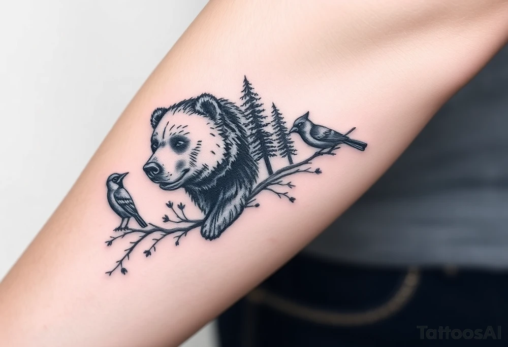 Realistic Woodland with a bear, woodpecker and cardinal tattoo idea