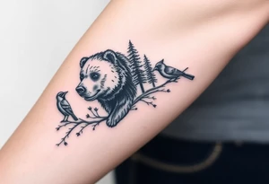 Realistic Woodland with a bear, woodpecker and cardinal tattoo idea