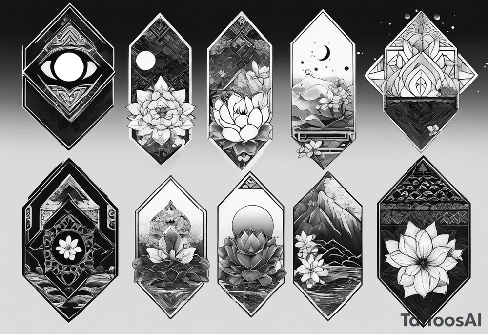 Very asymmetrical, +geometric pattern, with realistic full moon, with big eyes small ears 
hippo, +zen feel, + Buddhism touch, +tribal, +geometric, +inkart 
with wintersweet flower bud, +portrait orientation, +inkart touch, tattoo idea