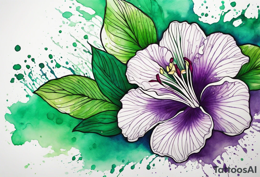 An outline of an only green rio dipladenia flower and a green and purple watercolor splash in the background tattoo idea