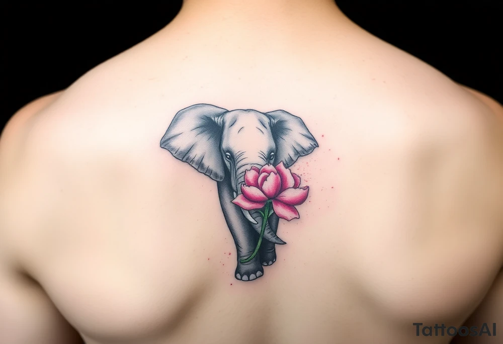 elephant holding a small pink peony in its trunk tattoo idea