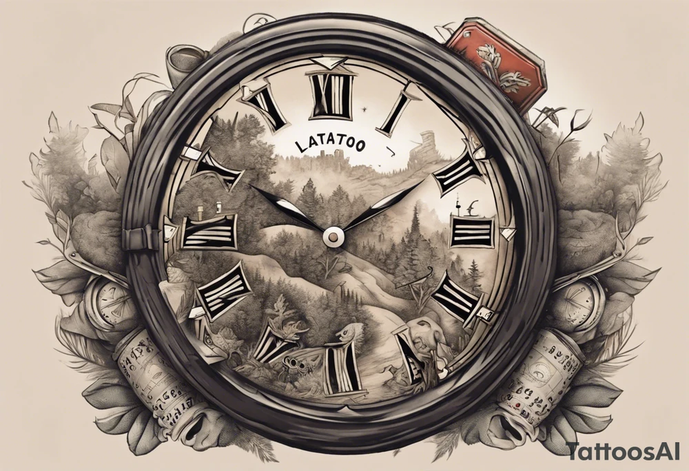 Le tattoo doit intégrer, un paysage montagneux et forêt, une horloge à 21h44.
Il faut aussi une pellicule de cinéma déroulée. Un vieux chapeau de l'armée italienne. avec une main de poker gagnante. Un jeu de carte de poker tattoo idea