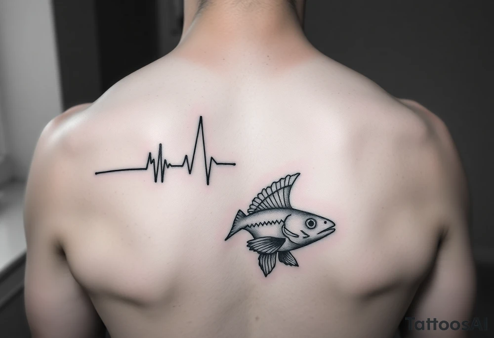 Design tattoo that goes from electrocardiogram life line to simple eagleray (fish) and back to electrocardiogram life line tattoo idea