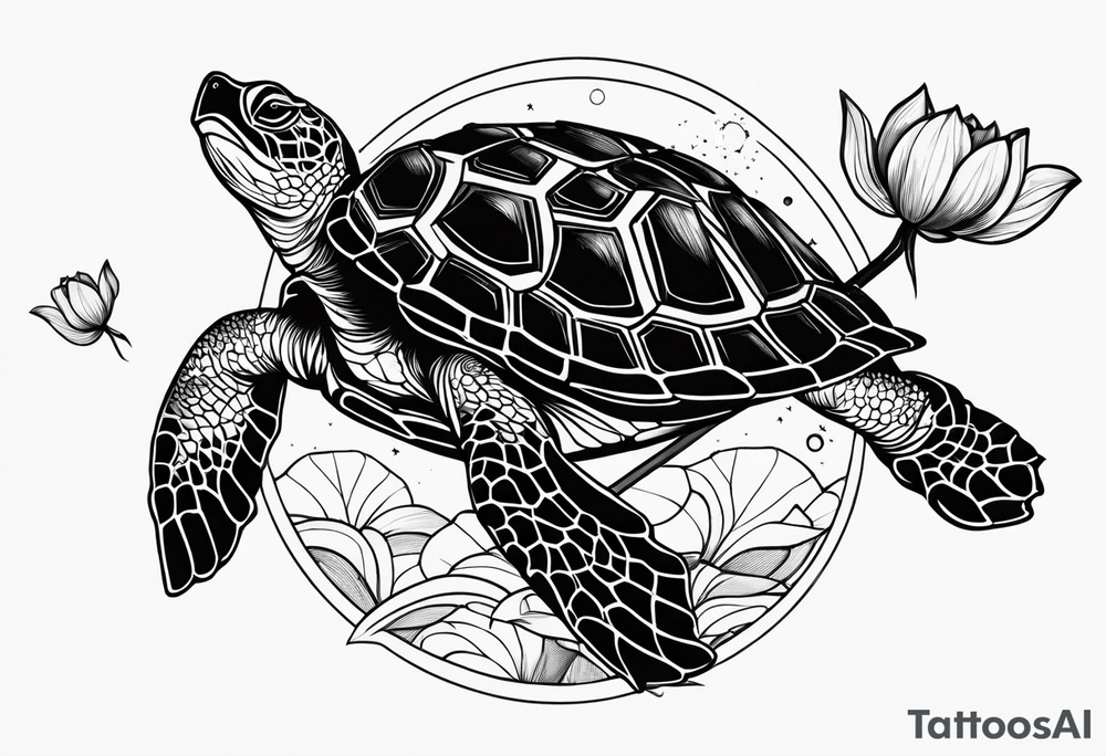 Turtle with lotus flower, moon and an arrow tattoo idea