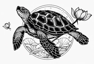 Turtle with lotus flower, moon and an arrow tattoo idea