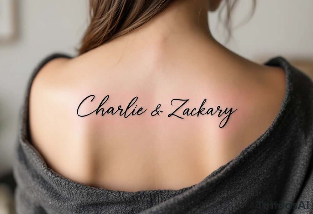 Create a delicate tattoo design that seamlessly integrates the names "Charlie" and "Zackary" in graceful, flowing cursive. Enclose the names within a softly stylized symbol that embodies strength and unity. add other symbol tattoo idea