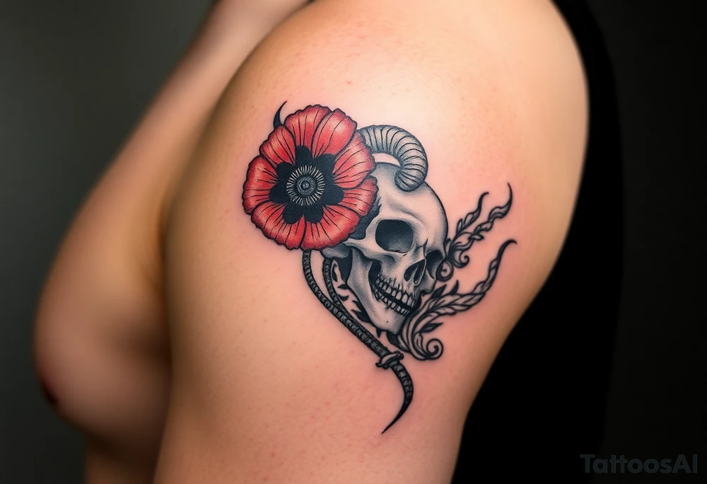 Ryan, Aries, 2 red poppy’s, skulls, and smoke tattoo idea