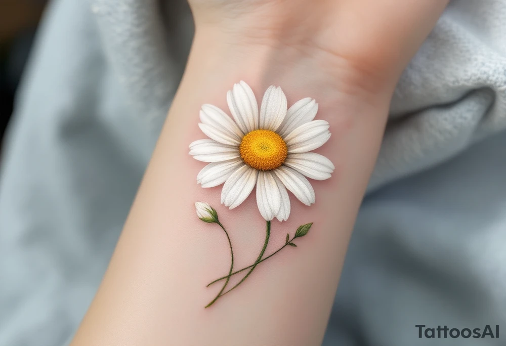 A delicate ox-eye daisy tattoo with pure white petals softly shaded in pale gray, a vibrant golden-yellow center textured with tiny dots, and slender green stems and leaves winding gracefully in a natural, hand-drawn style. tattoo idea