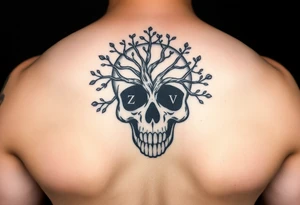 Plain black and white Mexican skull with inside a tree of life and two letter Z and V visible with the blank spaces of the branches tattoo idea